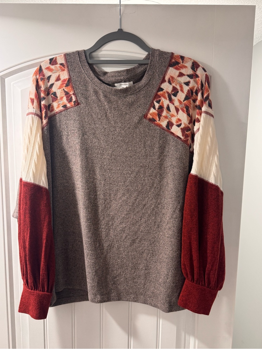 Maurices Brown Sweater with Red and Cream Patterned Sleeves